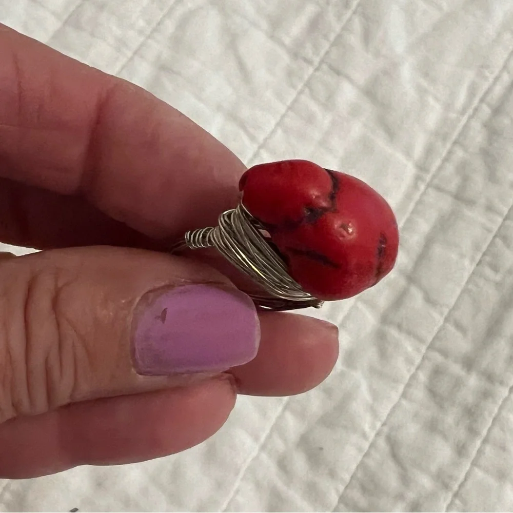 Red Coral Stone Silver Nest Ring Size 9 boho southwestern western artisan